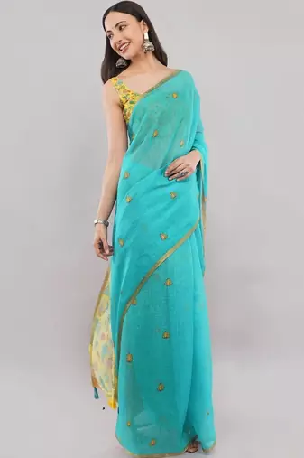 Turquoise linen printed saree with blouse
