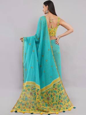 Turquoise linen printed saree with blouse 4