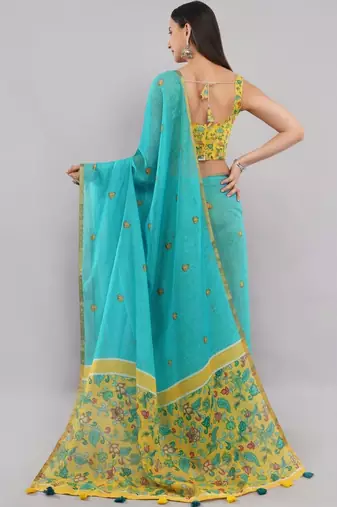 Turquoise linen printed saree with blouse