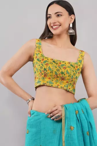 Turquoise linen printed saree with blouse