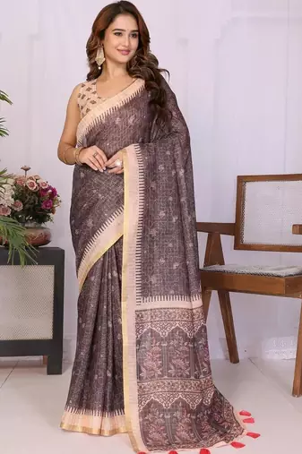 Brown linen printed saree with blouse