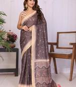 Brown linen printed saree with blouse