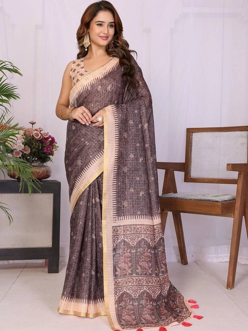 Brown linen printed saree with blouse