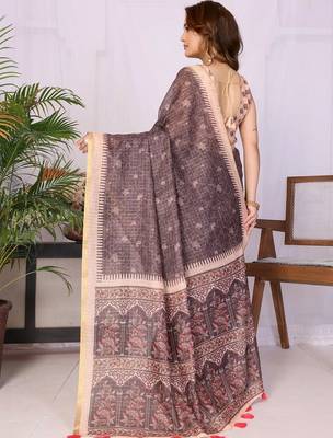 Brown linen printed saree with blouse 5