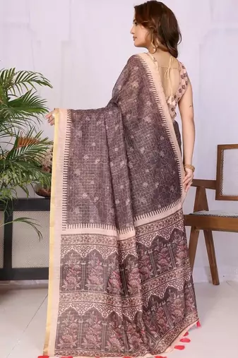 Brown linen printed saree with blouse