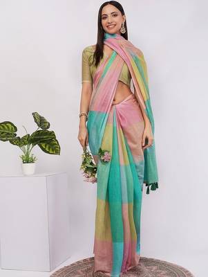 Multicolor pure linen colourblocked saree with blouse 1