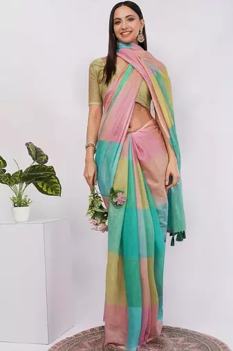 Multicolor pure linen colourblocked saree with blouse