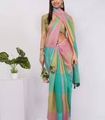 Multicolor pure linen colourblocked saree with blouse