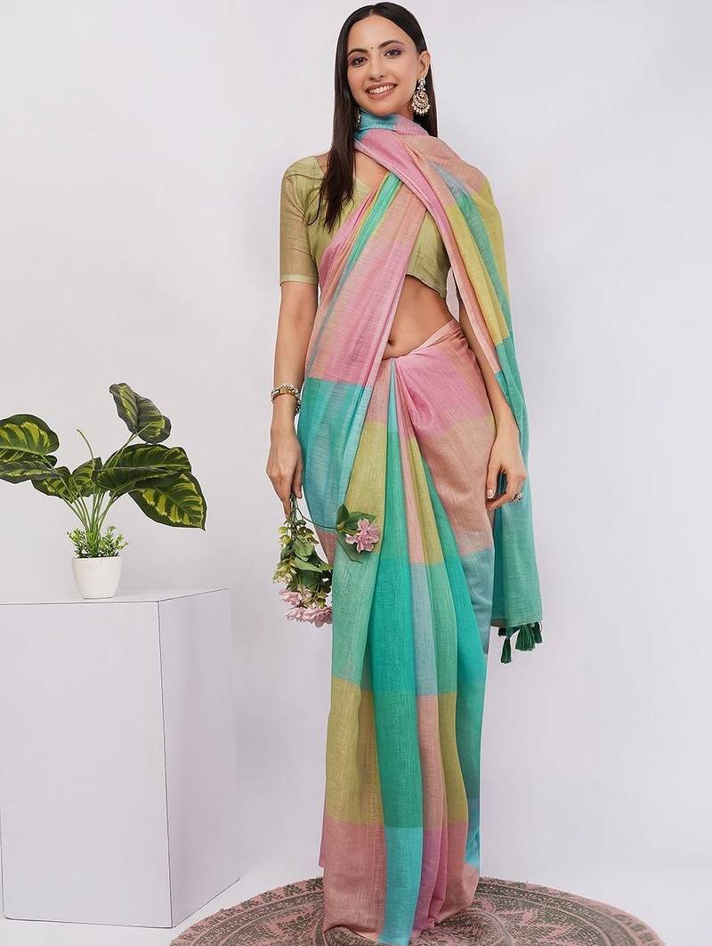Multicolor pure linen colourblocked saree with blouse