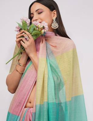 Multicolor pure linen colourblocked saree with blouse 2