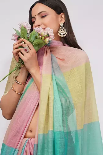 Multicolor pure linen colourblocked saree with blouse