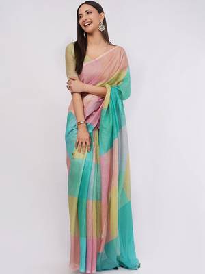 Multicolor pure linen colourblocked saree with blouse 3