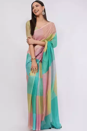 Multicolor pure linen colourblocked saree with blouse