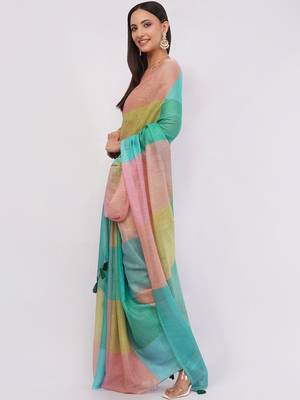 Multicolor pure linen colourblocked saree with blouse 4