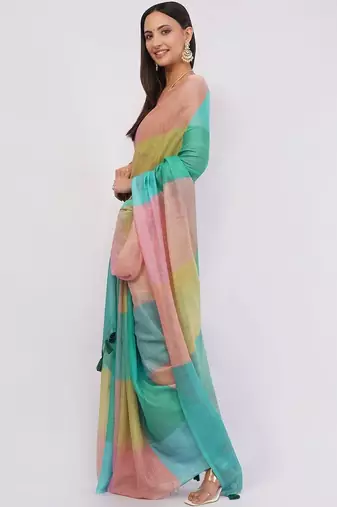 Multicolor pure linen colourblocked saree with blouse