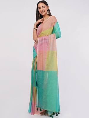 Multicolor pure linen colourblocked saree with blouse 5