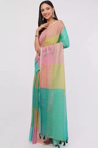Multicolor pure linen colourblocked saree with blouse