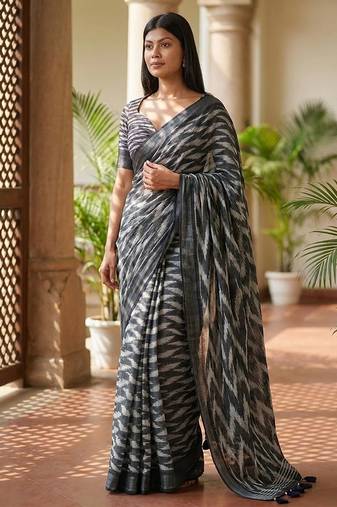 Grey linen printed saree with blouse