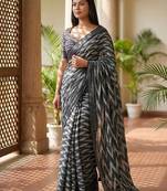 Grey linen printed saree with blouse