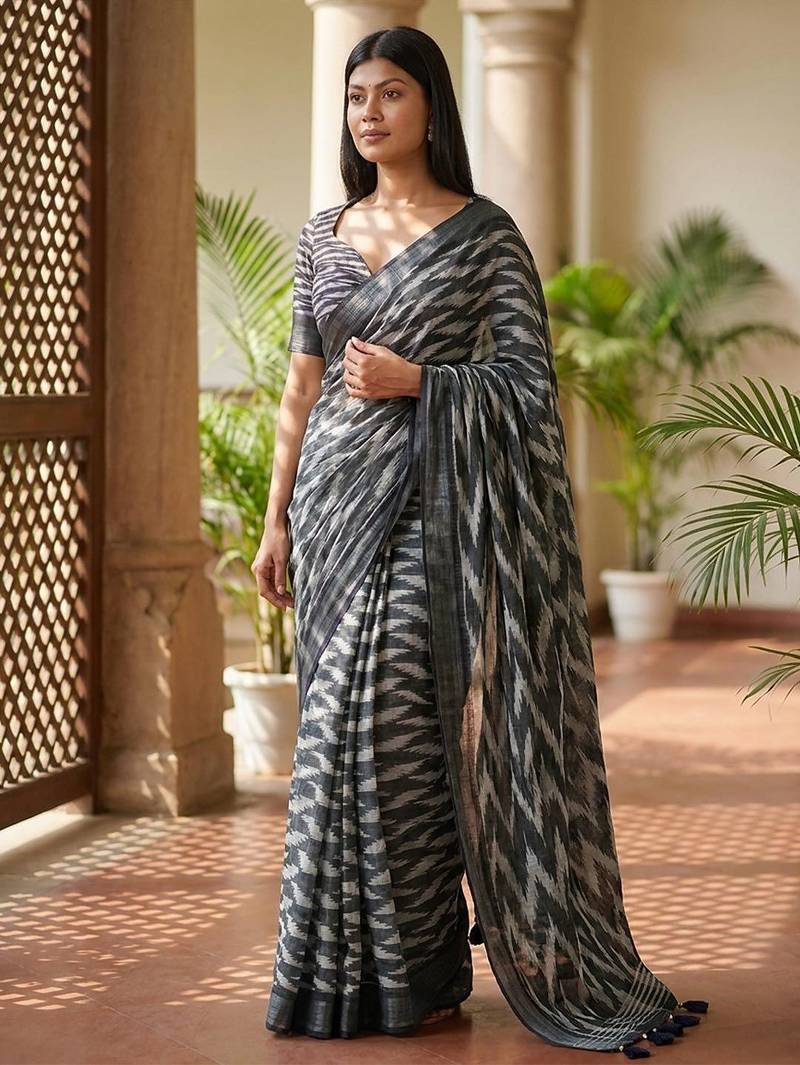 Grey linen printed saree with blouse
