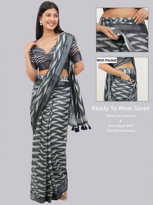Grey linen printed saree with blouse 2
