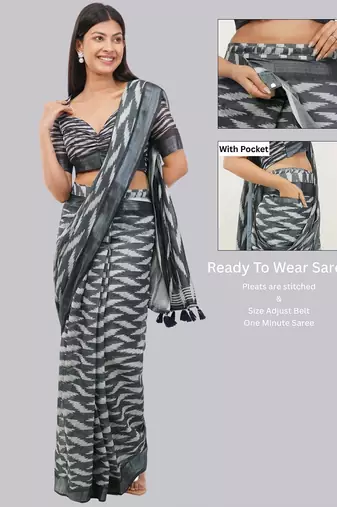 Grey linen printed saree with blouse