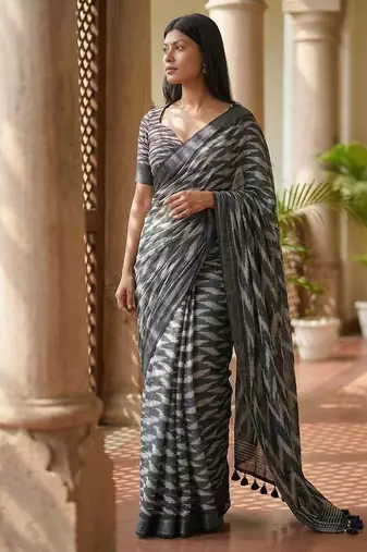 Grey linen printed saree with blouse