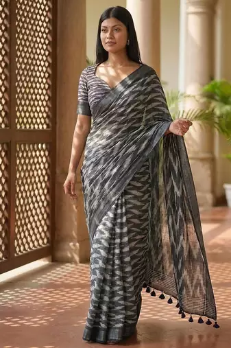 Grey linen printed saree with blouse