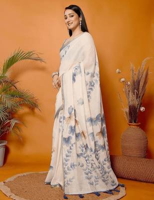 Off white linen printed saree with blouse 1