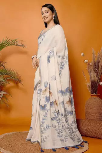 Off white linen printed saree with blouse