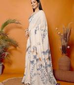Off white linen printed saree with blouse