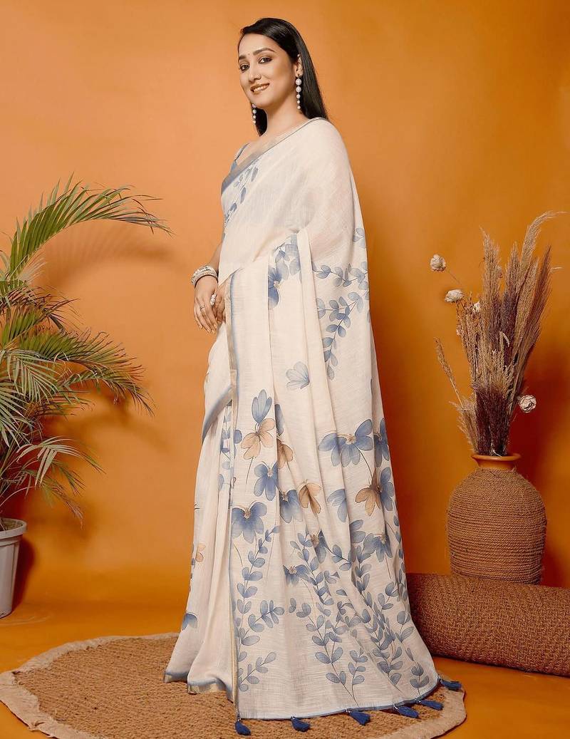 Off white linen printed saree with blouse