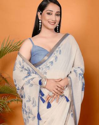 Off white linen printed saree with blouse 4