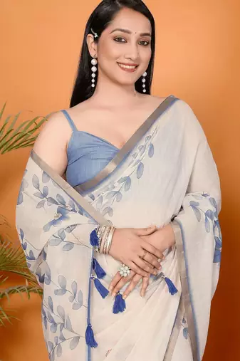 Off white linen printed saree with blouse