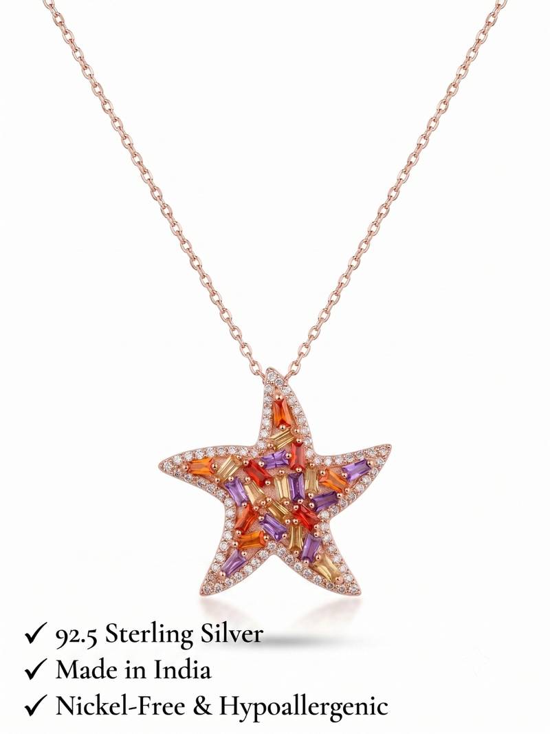 925 Sterling Silver Rose Gold  Starfish Pendant Necklace  Set for Women