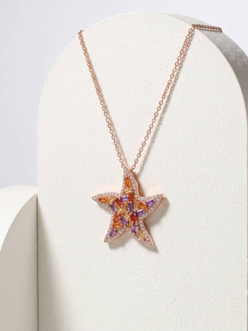 925 Sterling Silver Rose Gold  Starfish Pendant Necklace  Set for Women
