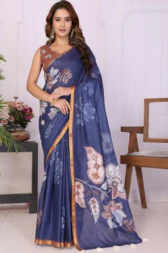 Navy blue linen  saree with blouse