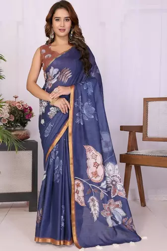 Navy blue linen  saree with blouse