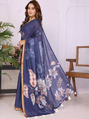 Navy blue linen  saree with blouse 3