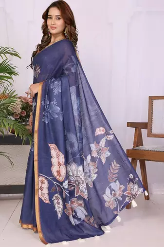 Navy blue linen  saree with blouse