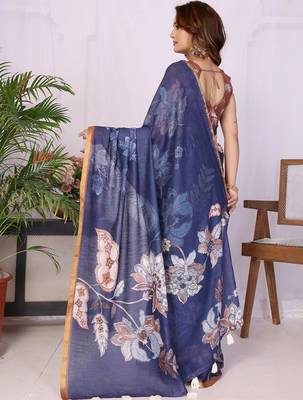 Navy blue linen  saree with blouse 4