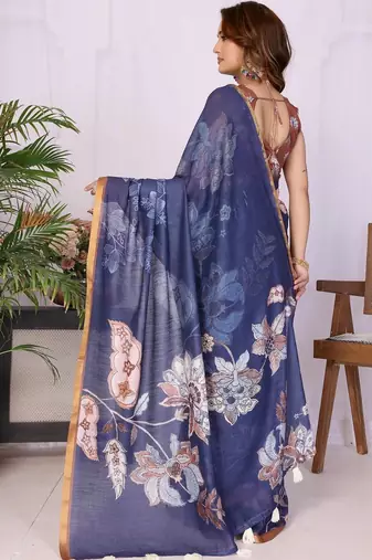 Navy blue linen  saree with blouse