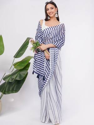 White pure linen striped saree with blouse 1