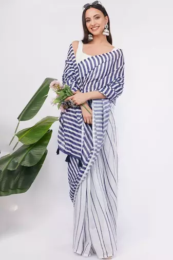 White pure linen striped saree with blouse