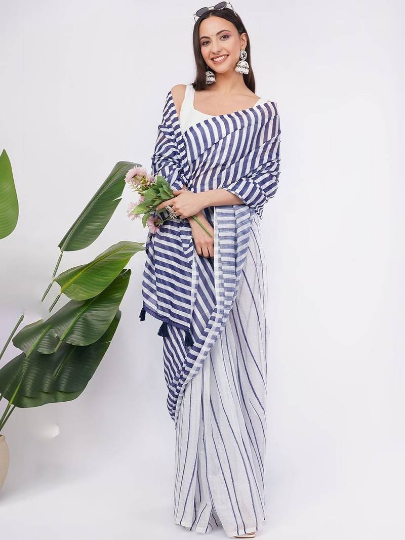 White pure linen striped saree with blouse
