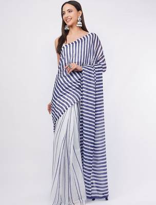 White pure linen striped saree with blouse 2