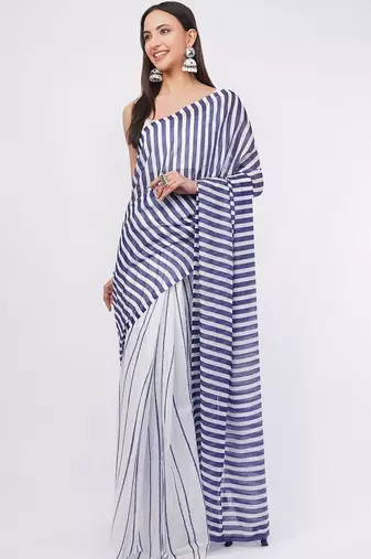 White pure linen striped saree with blouse