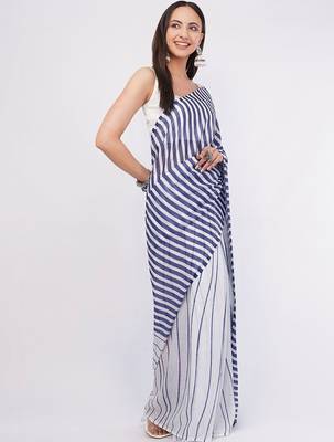 White pure linen striped saree with blouse 3