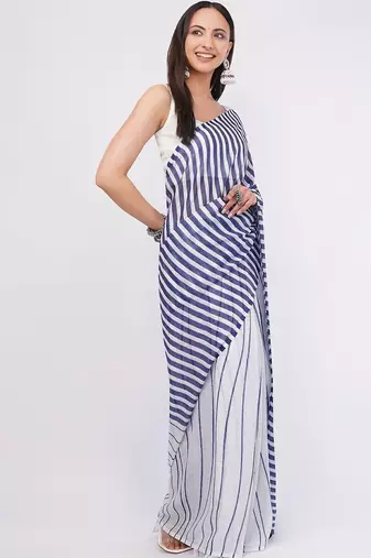 White pure linen striped saree with blouse