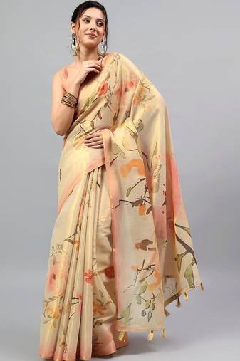 Beige tissue printed saree with blouse